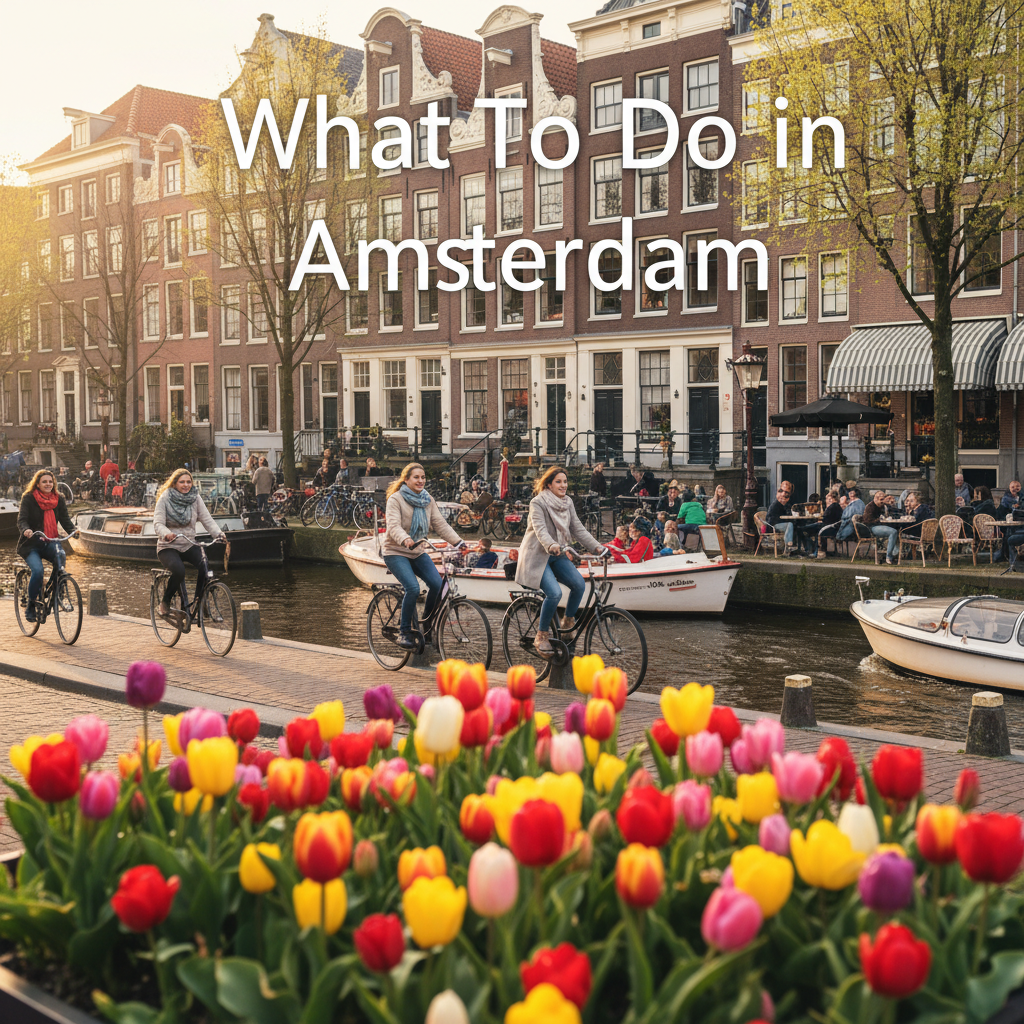 alt_text Cyclists, tulips, canal boats, and cafes set the scene for a lively Amsterdam city spring adventure.