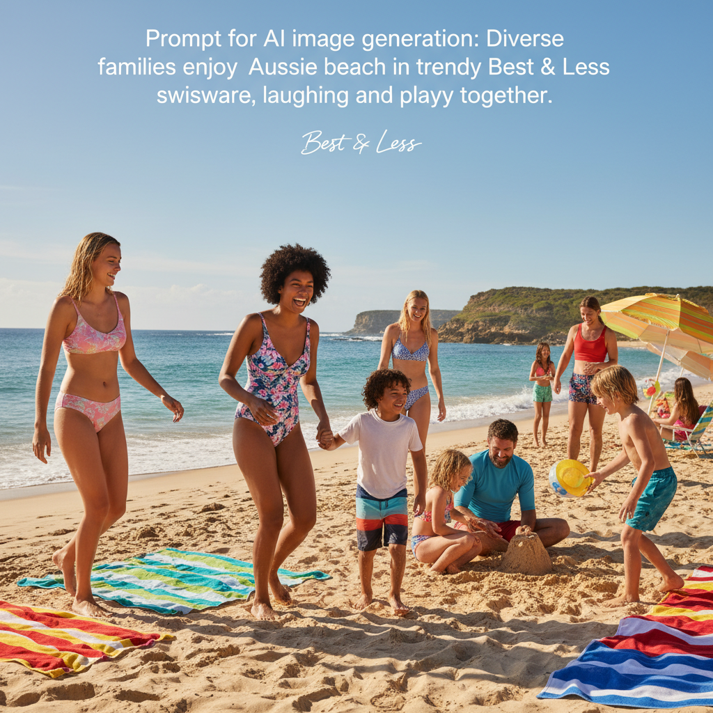 Diverse families enjoy a sunny Aussie beach in trendy Best & Less swimwear, laughing and playing together.