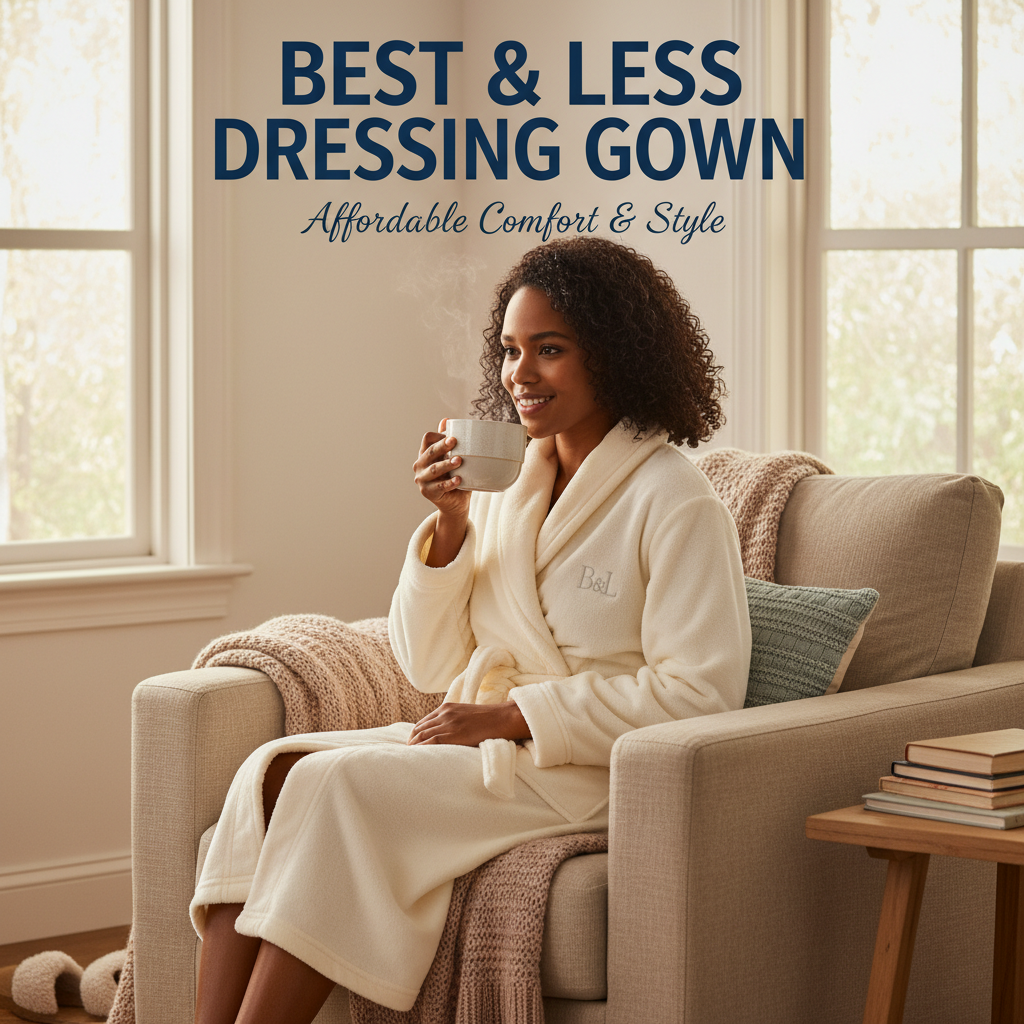 Cozy bedroom scene with a diverse model in a plush Best & Less dressing gown, sipping a hot drink.