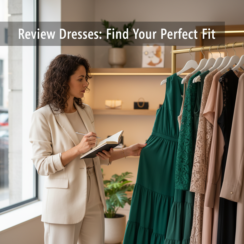 alt_text A stylish boutique scene with dresses and a woman reviewing one, promoting “Review Dresses: Find Your Perfect Fit.”