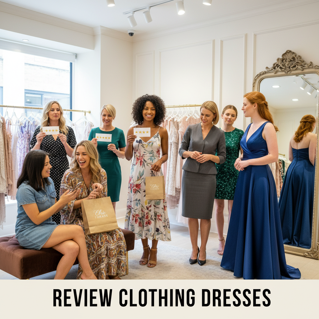 Diverse women review and model trendy dresses in a stylish boutique, sharing opinions and star ratings.