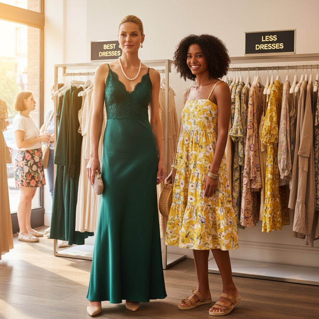 Two stylish women compare elegant and affordable dresses in a bright, inviting boutique display.