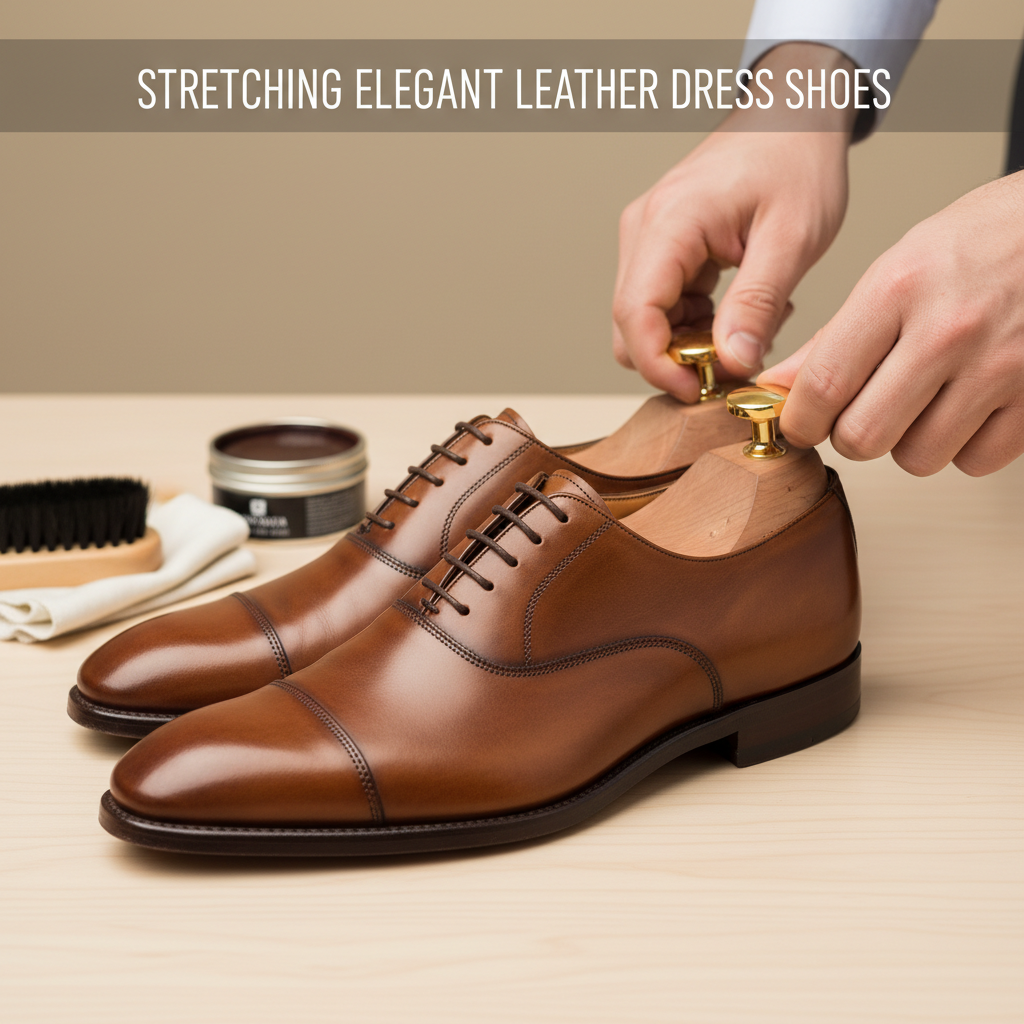 alt_text Hands stretch a leather dress shoe with a wooden stretcher; shoe care items are on the table.