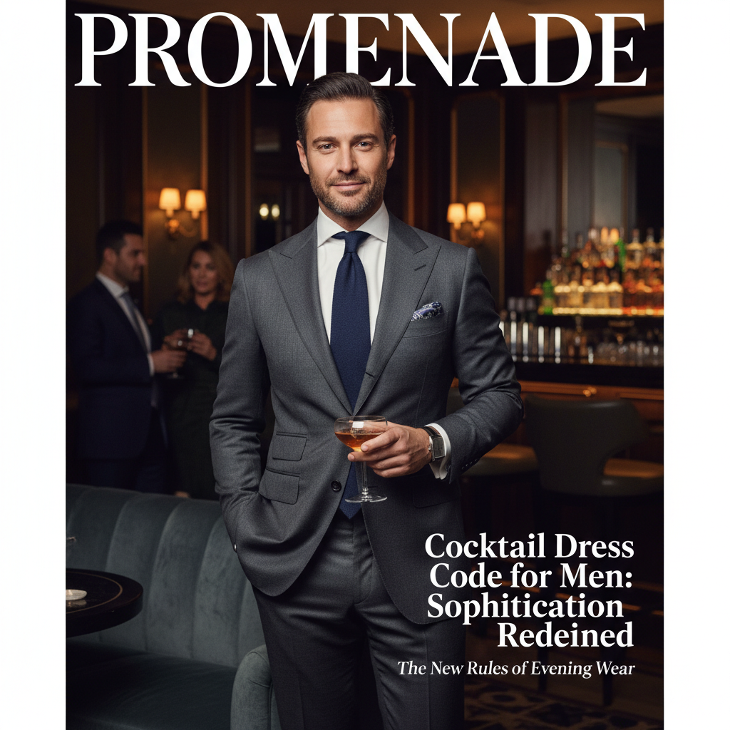 A stylish man in a tailored suit epitomizes the modern cocktail dress code for men in an elegant lounge.