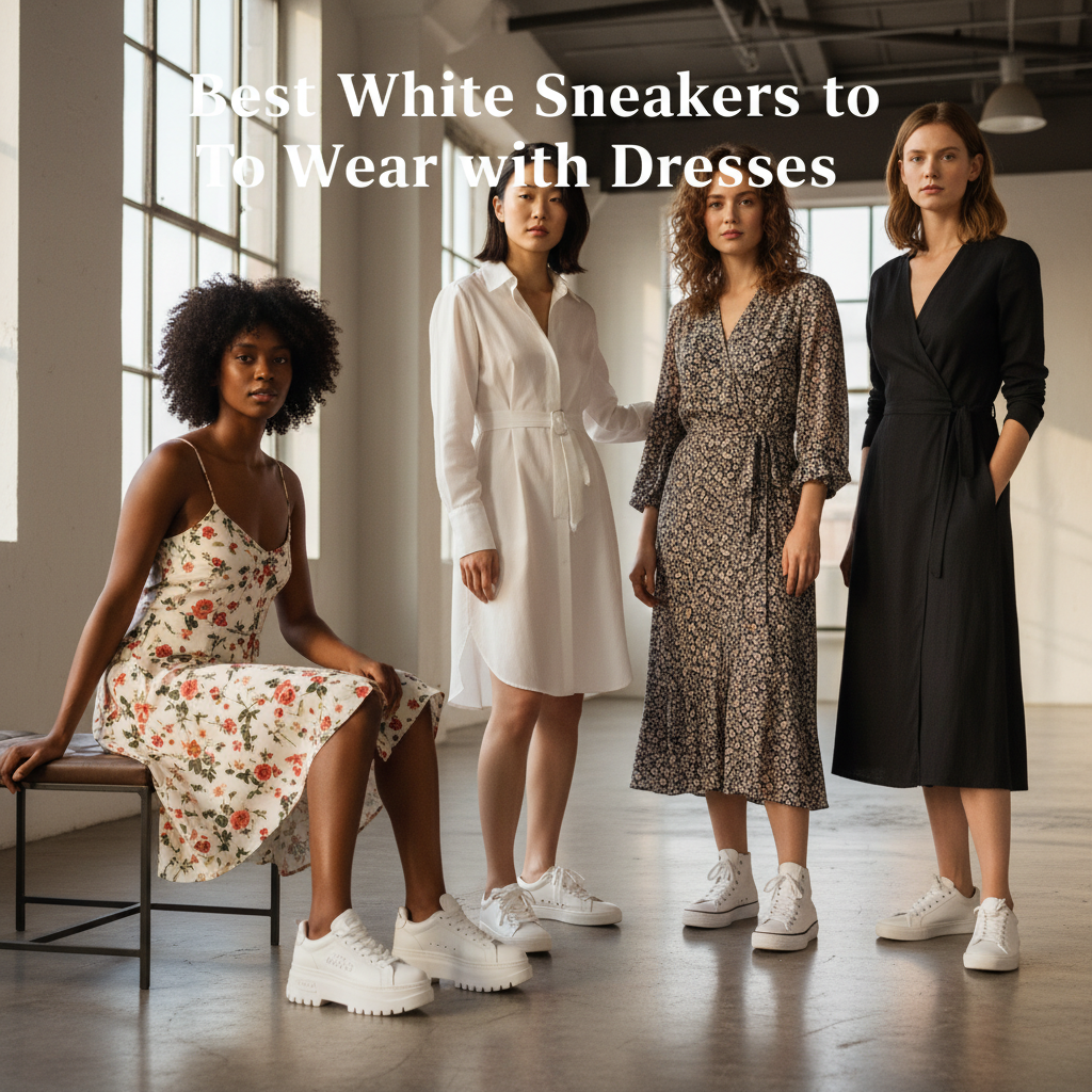 Diverse women in trendy dresses showcase stylish white sneakers; text: Best White Sneakers to Wear with Dresses