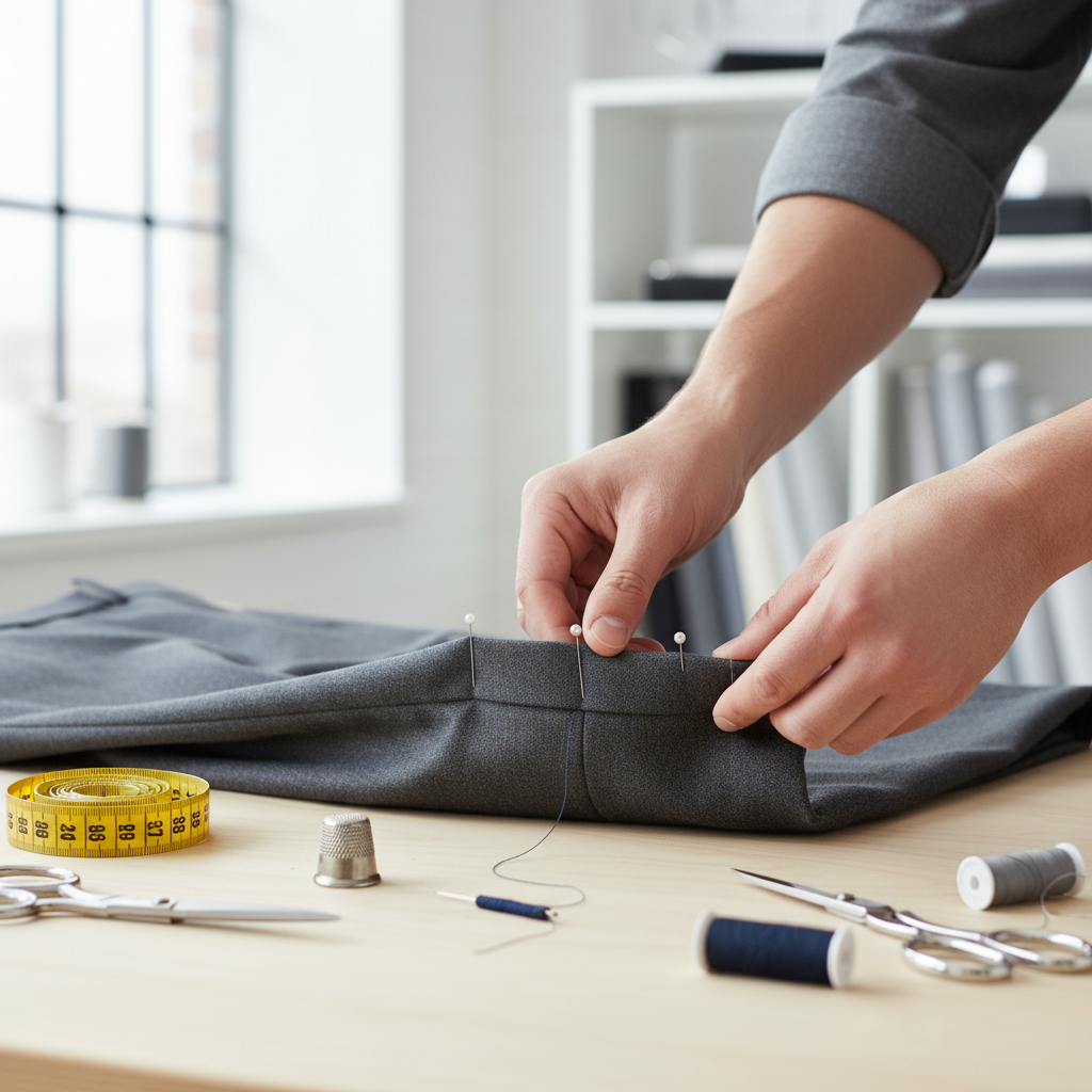 Hands hemming men's dress pants with sewing tools on a table in a bright, professional workspace.
