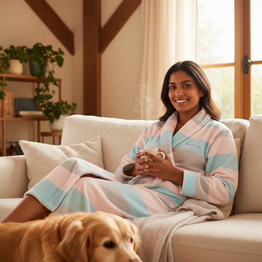 alt_text A smiling person relaxes at home in a cozy pastel "Best & Less" dressing gown, enjoying soft comfort.