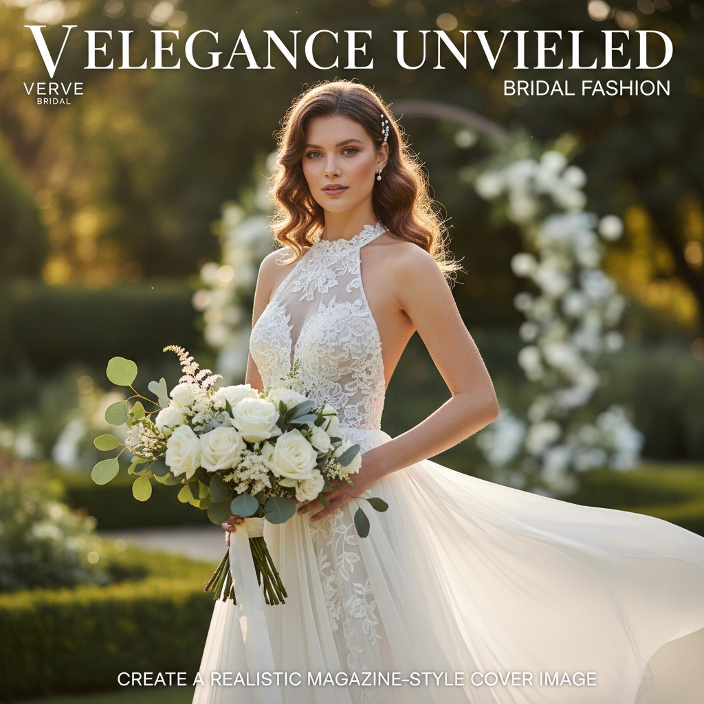 Elegant bride in lace halter dress with bouquet, posing outdoors for a chic, high-fashion magazine cover.