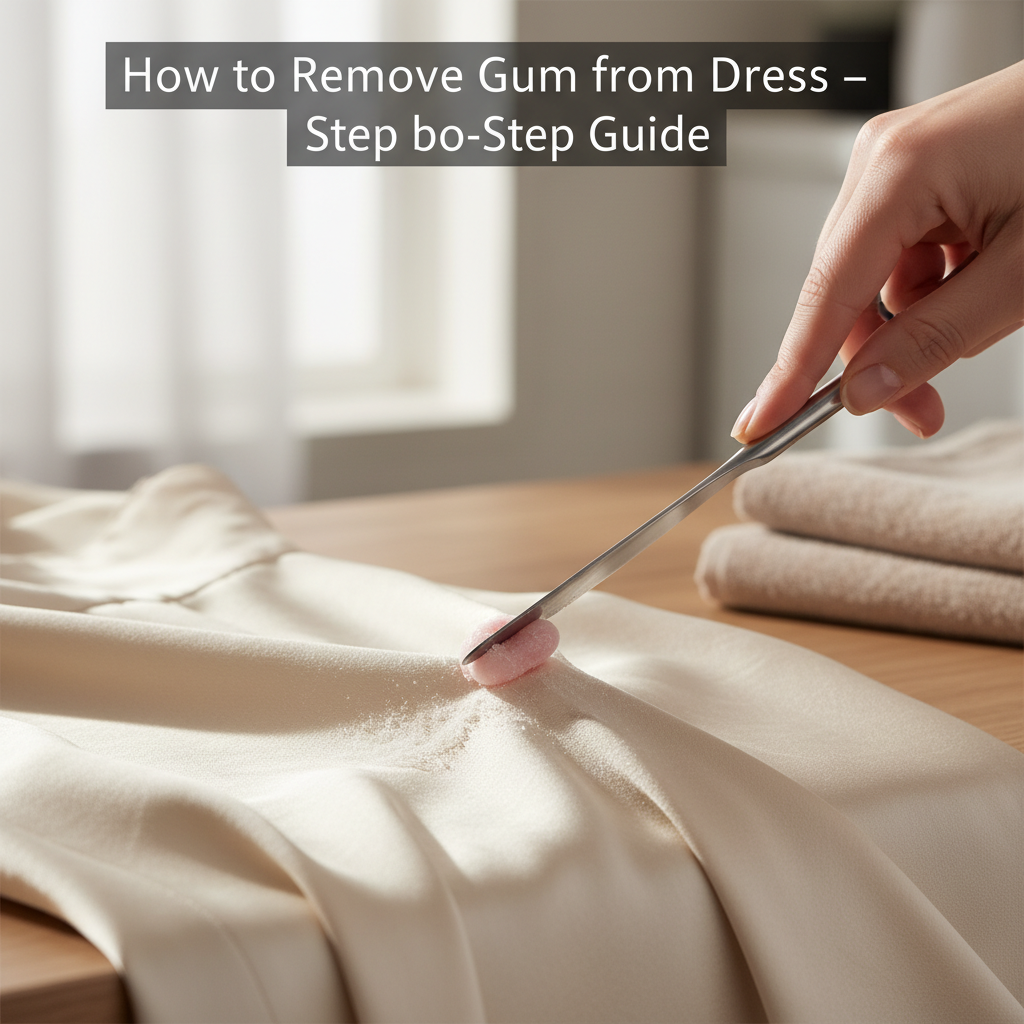 Woman removes pink gum from a stylish light dress with ice and knife; step-by-step guide overlay.