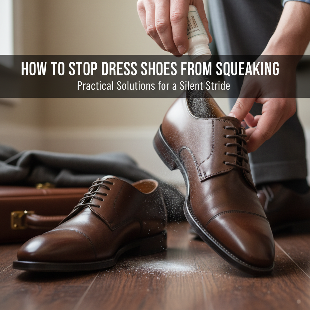 alt_text: Stopping squeaky dress shoes: talcum powder applied to classic leather shoes in a business setting.