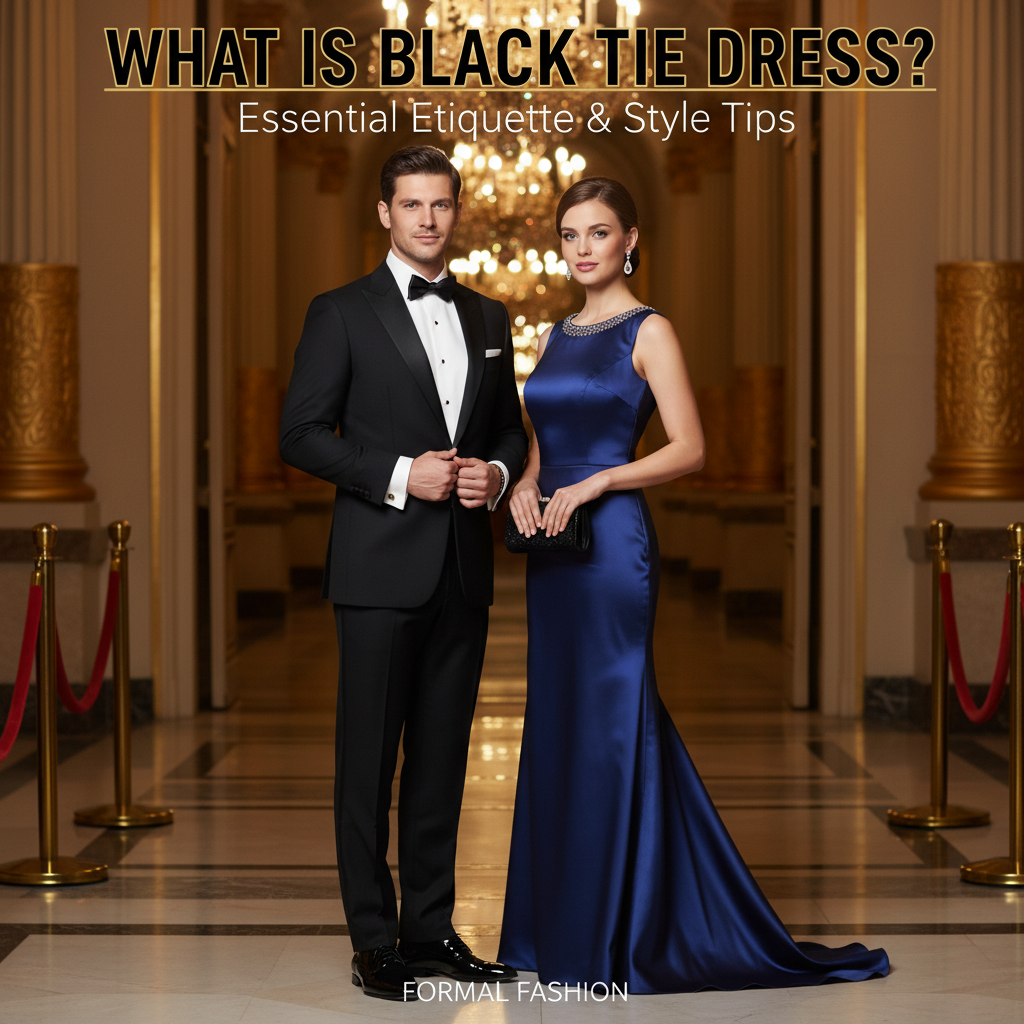 Elegant couple in formal black tie attire, ready for a glamorous gala in a luxurious setting.