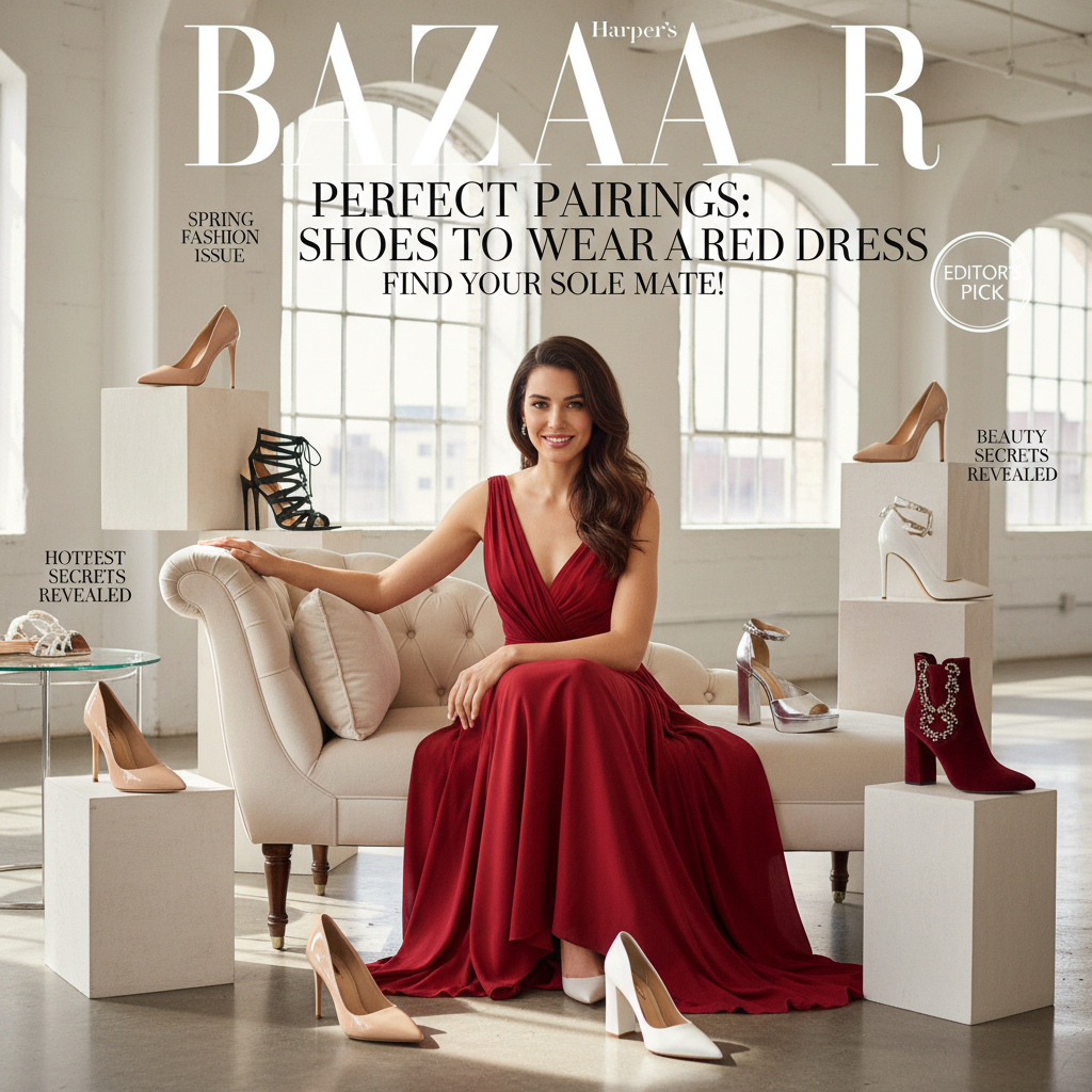 Fashion magazine cover: Woman in red dress with chic shoe options—find perfect shoes for every red dress!