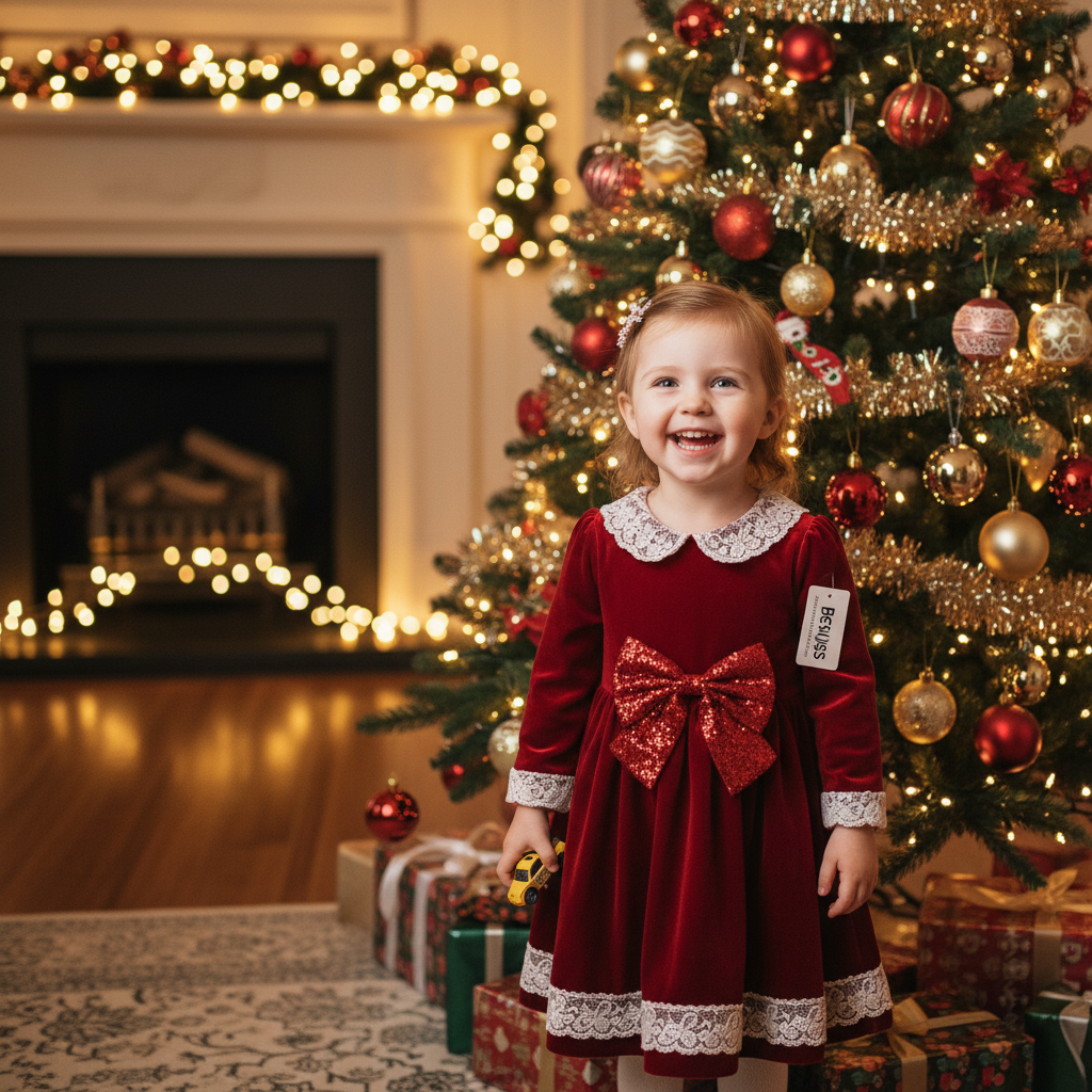 A happy child in a festive Christmas dress by Best & Less, smiling beside a tree and wrapped gifts.