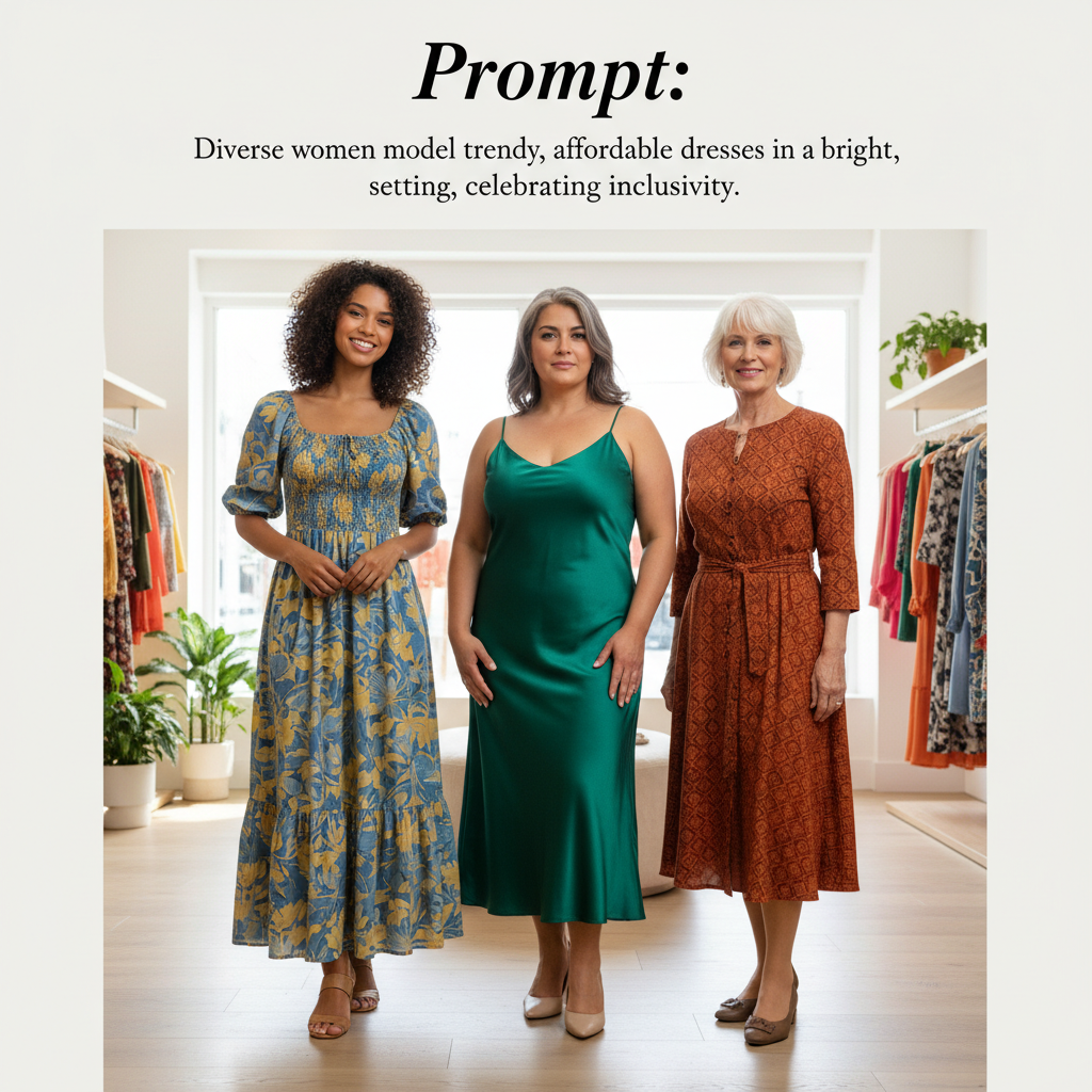 Diverse women model trendy, affordable dresses in a bright, modern setting, celebrating inclusivity.