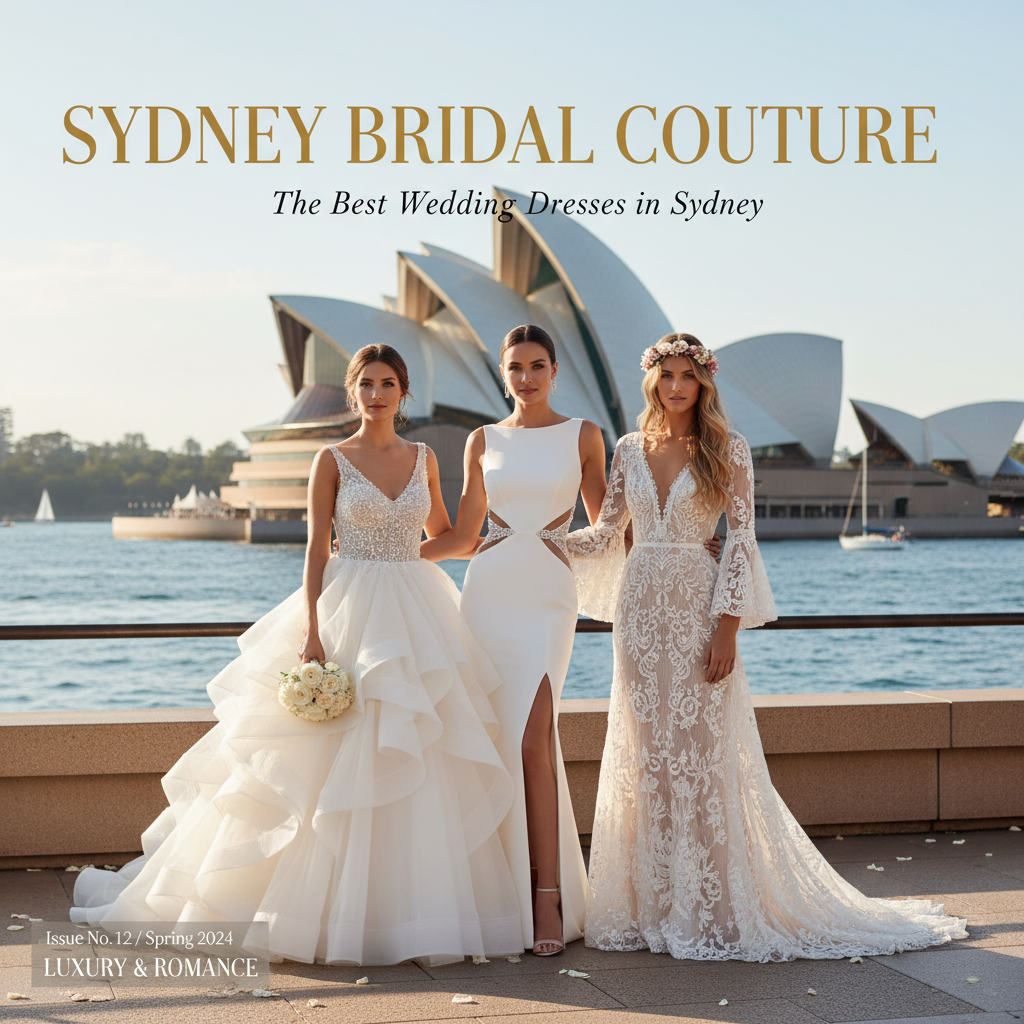 alt_text Three brides in stunning wedding dresses pose by the Sydney Opera House in a dreamy, elegant setting.