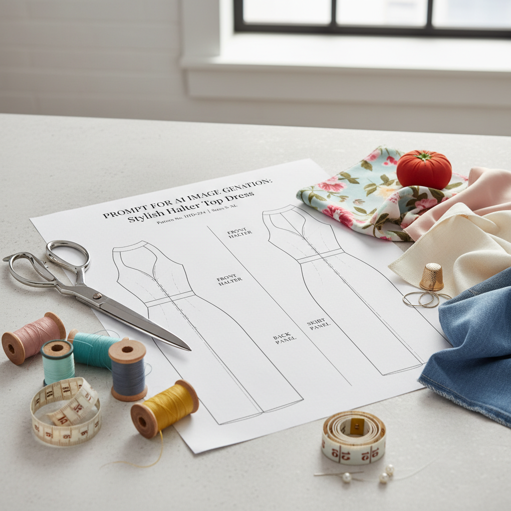Stylish halter top dress pattern with sewing tools and fabric on a modern, well-lit creative layout.