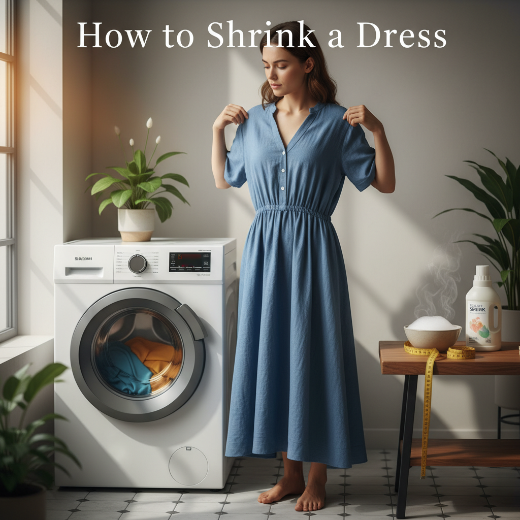 alt_text: Woman in laundry room holds oversized dress with care, ready to shrink it safely and easily.