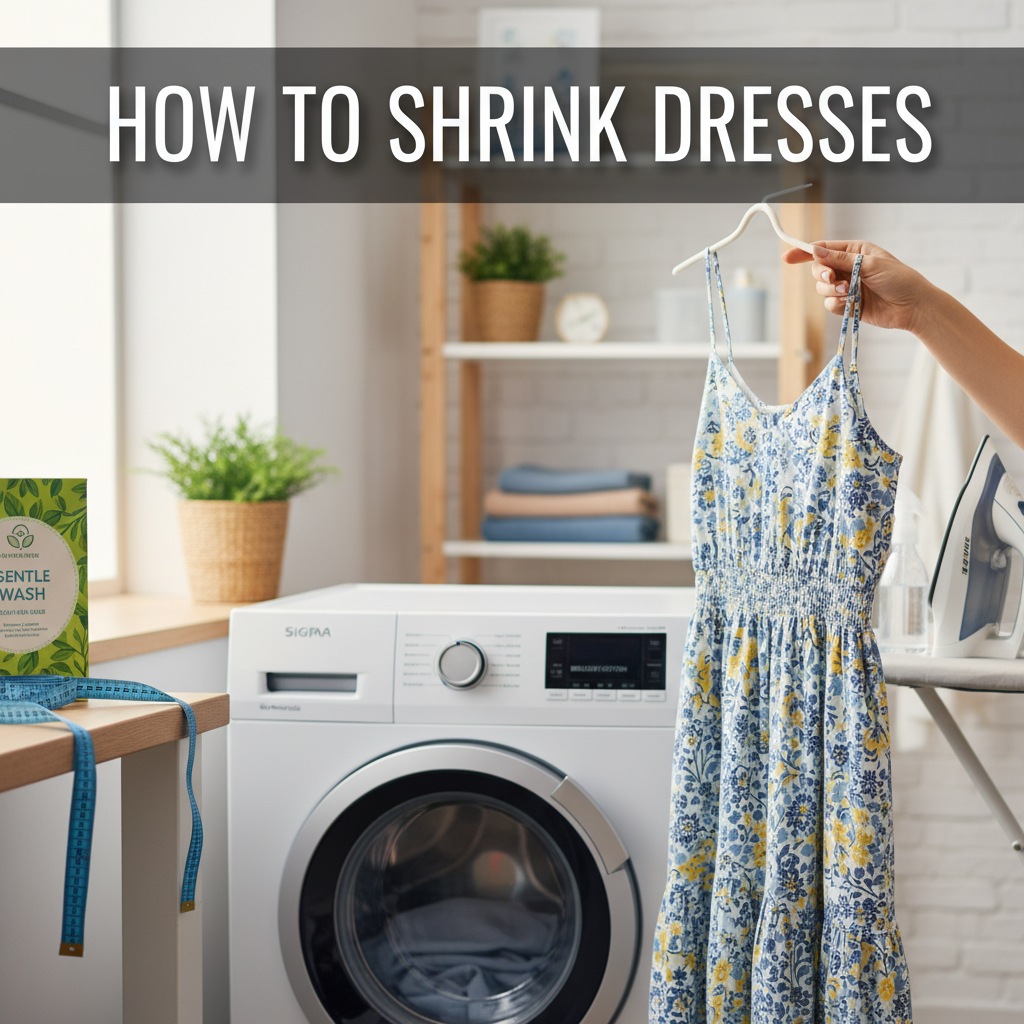 How to Shrink Dresses: A guide with dress, washing machine, and tools in a bright laundry room.