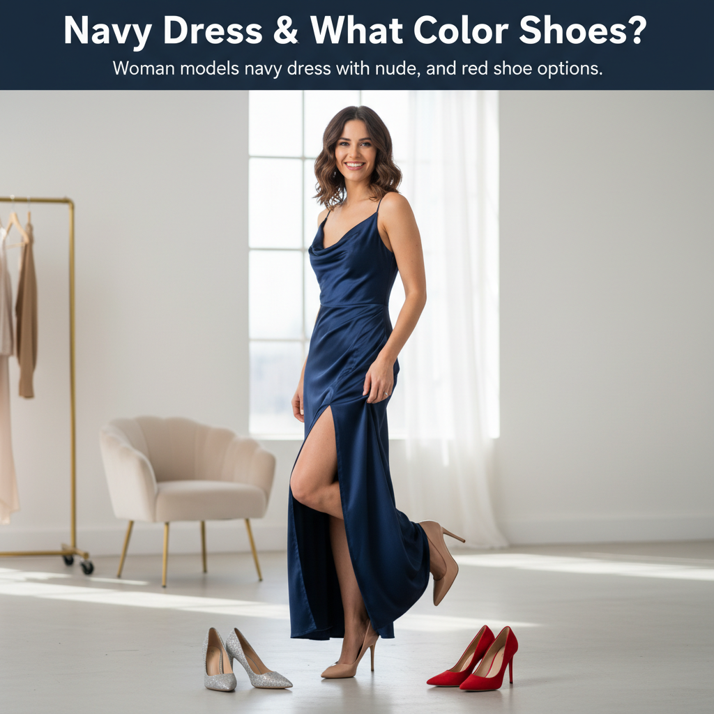 Navy Dress & What Color Shoes? Woman models navy dress with nude, silver, and red shoe options.