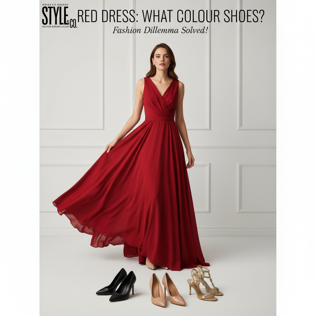 Red Dress: What Colour Shoes? Stylish woman in red dress with black, nude, and gold shoe options shown.
