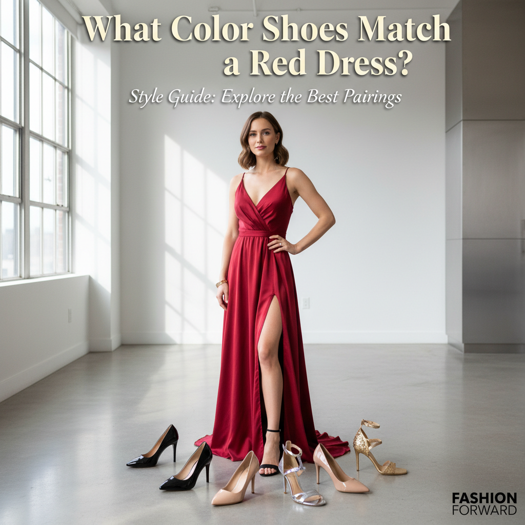Woman in red dress with various shoes; explores best shoe colors to pair, fashion magazine style.