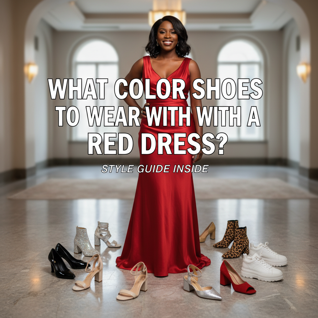 Diverse woman in red dress with stylish shoes; text: What Color Shoes to Wear with a Red Dress?