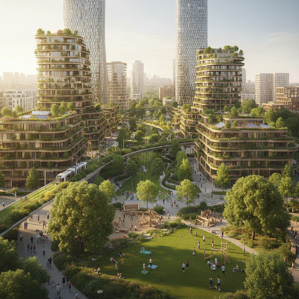 A vibrant green cityscape with eco-buildings, rooftop gardens, and people enjoying an urban park.