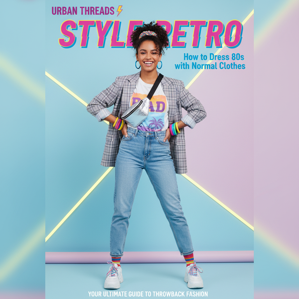 Young adult in modern clothes styled 80s, magazine cover with bold neon graphics and retro accessories.