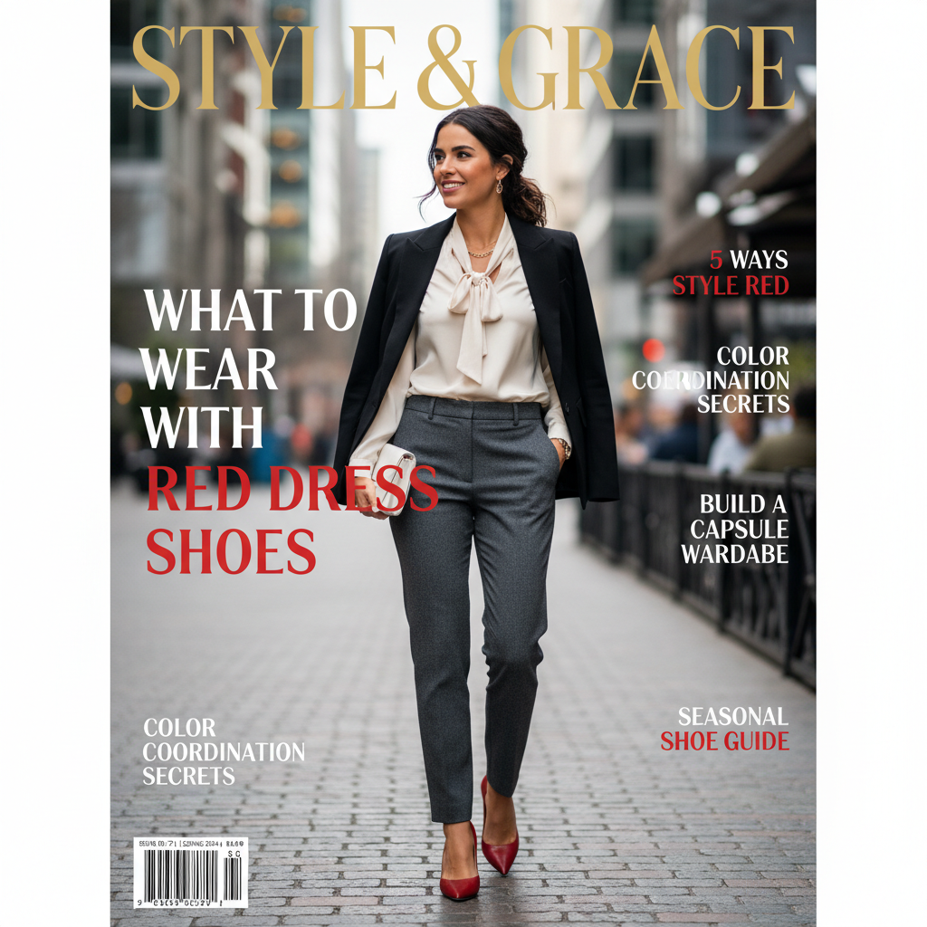 alt_text Stylish person on magazine cover flaunts bold red dress shoes, offering chic outfit inspiration.