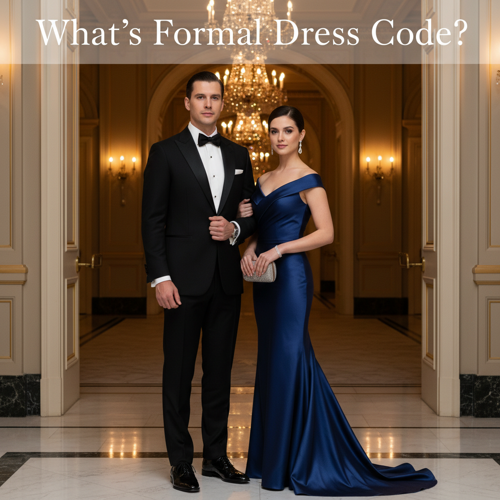What’s Formal Dress Code? A couple in elegant tuxedo and gown at a chic, upscale venue.