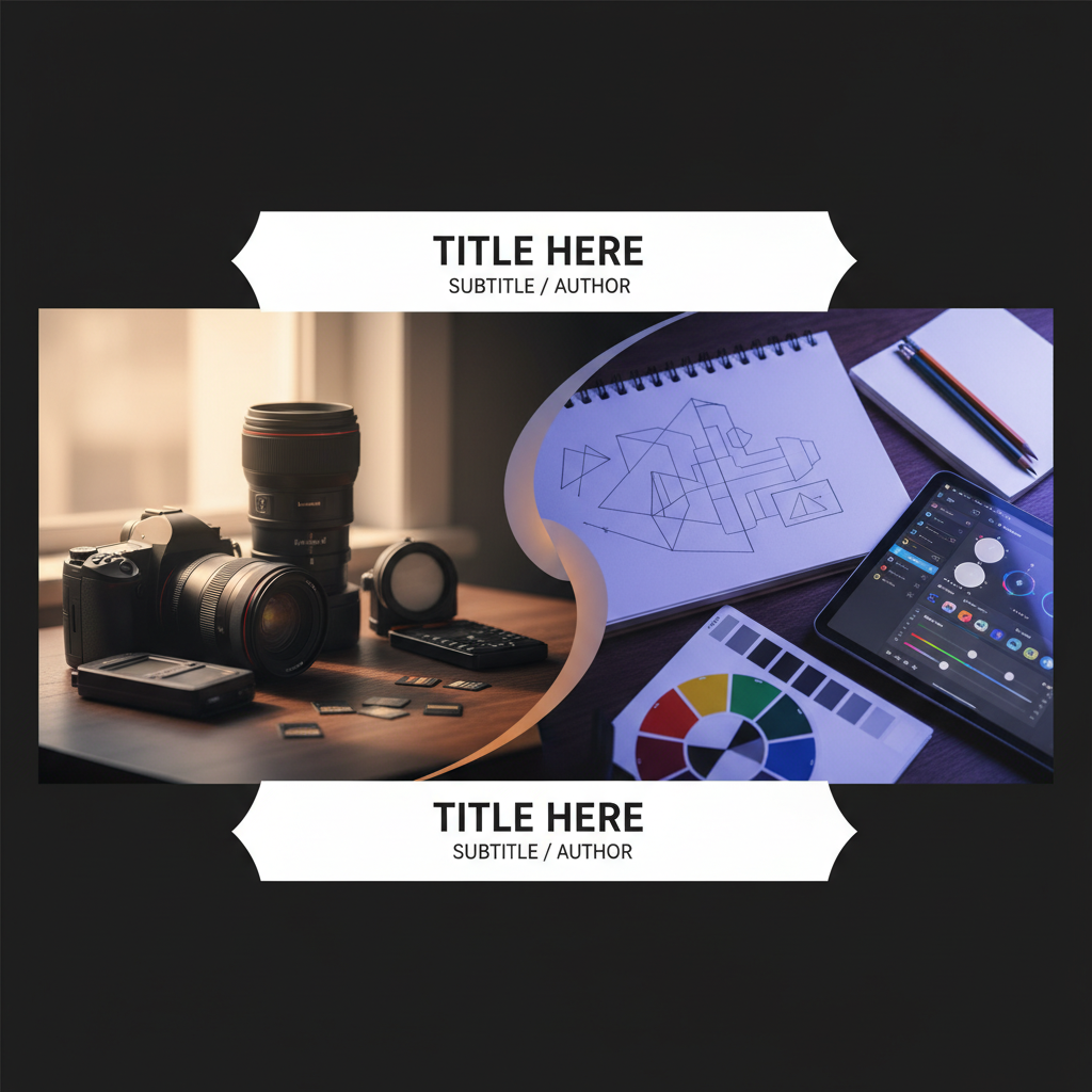 Template prompt for generating realistic cover images for any topic, with space for title and subtitle.