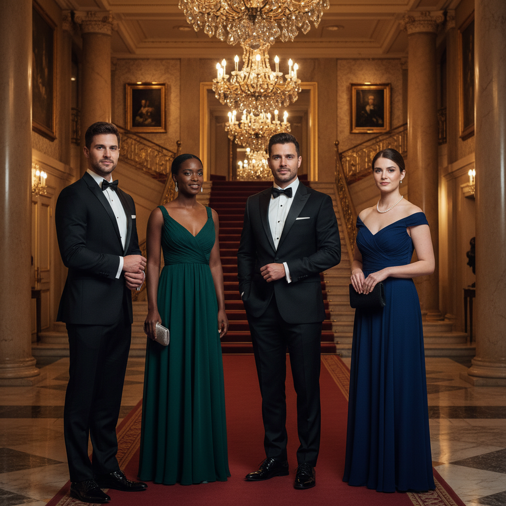 Elegant guests in tuxedos and evening gowns gather in a grand lobby, showcasing the black tie dress code.