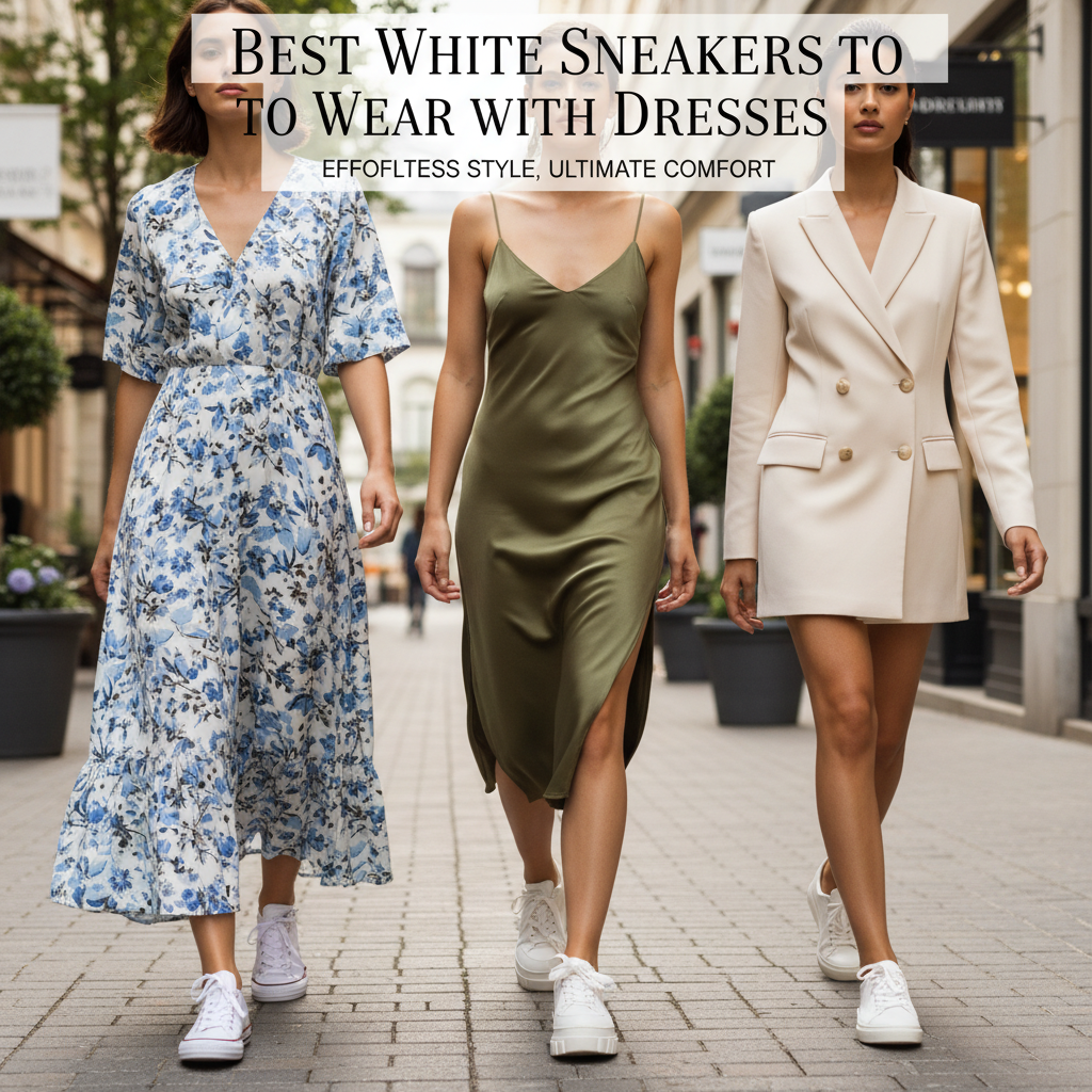 alt_text Diverse women in stylish dresses showcase trendy white sneakers on a sunlit, fashionable city street.