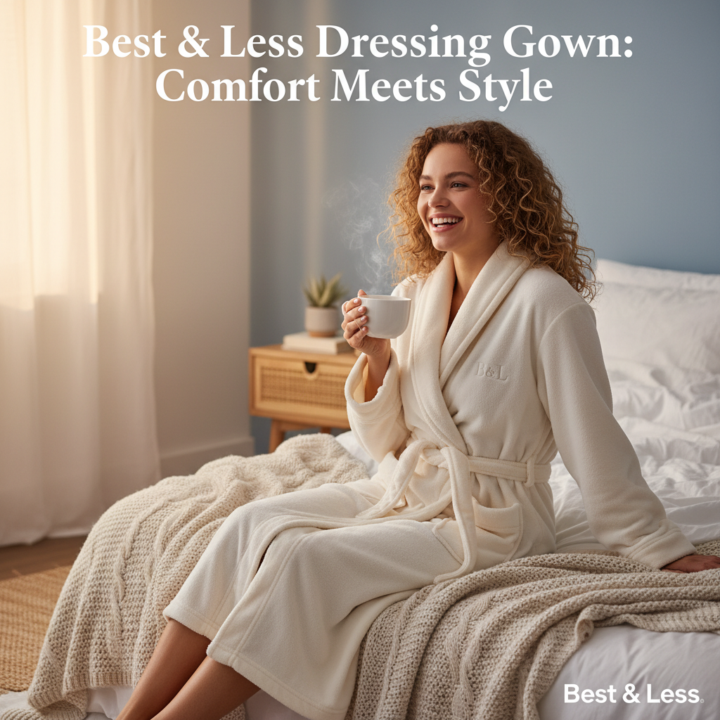 Cheerful model in plush dressing gown relaxes in cozy bedroom, highlighting comfort and style.