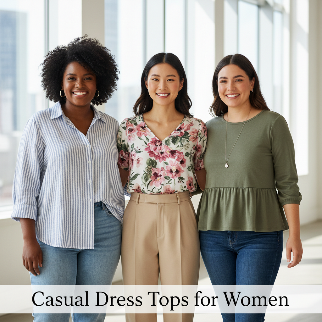 Three diverse women model stylish casual tops in a bright, modern setting for a fashion catalog cover.