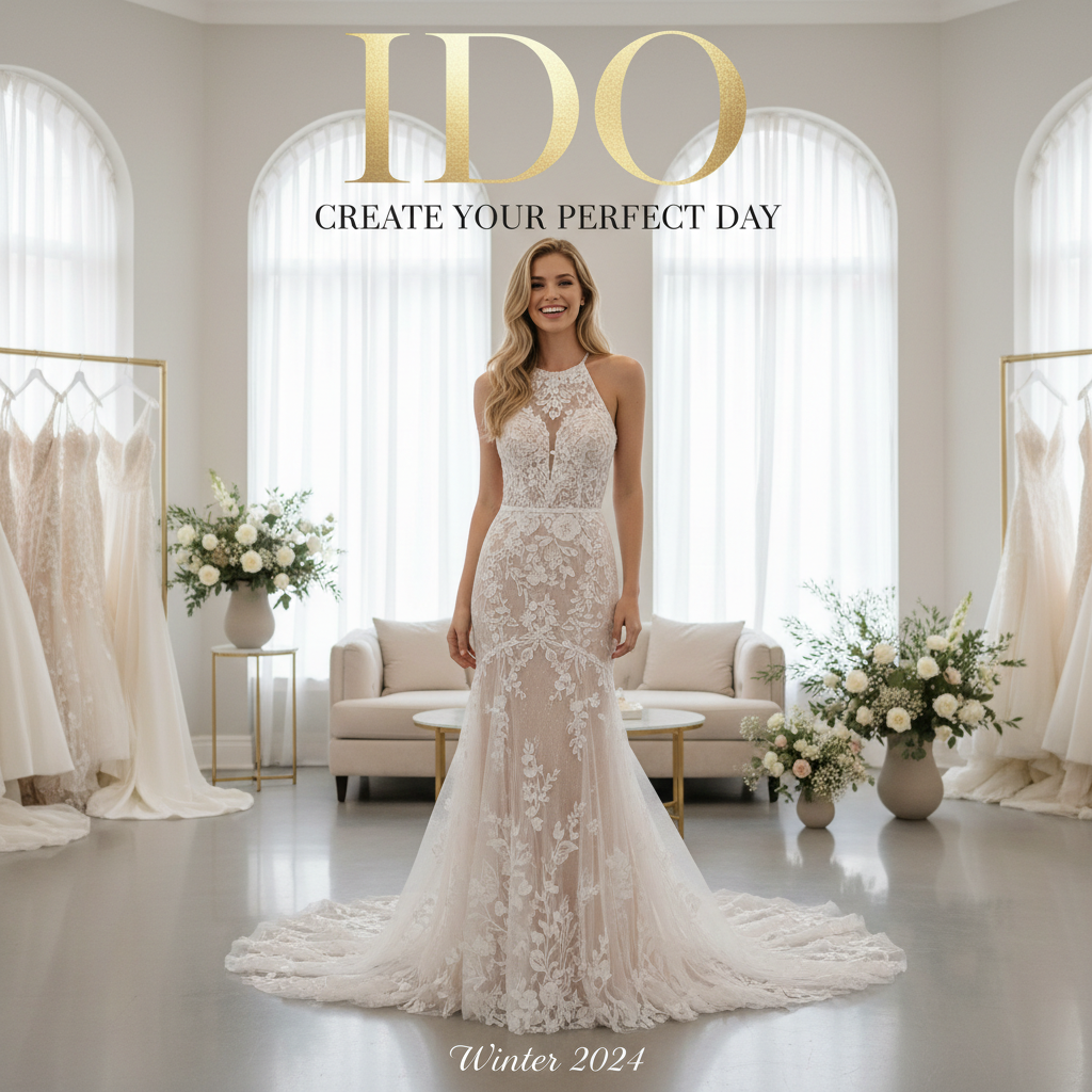 alt_text Model in a lace halter wedding dress poses joyfully in a chic, softly lit bridal boutique setting.