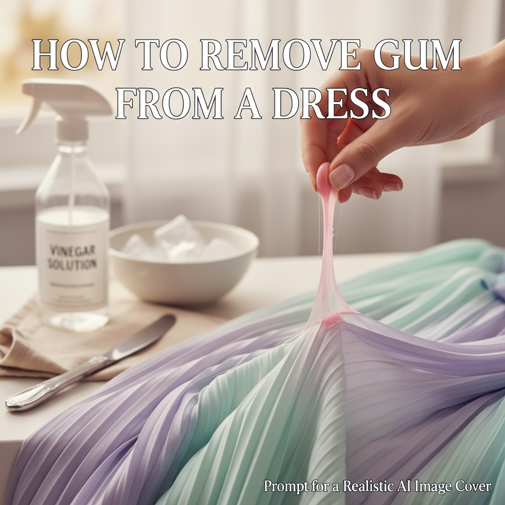 Woman removing pink gum from a pastel dress, with cleaning tools in a bright, hopeful setting.