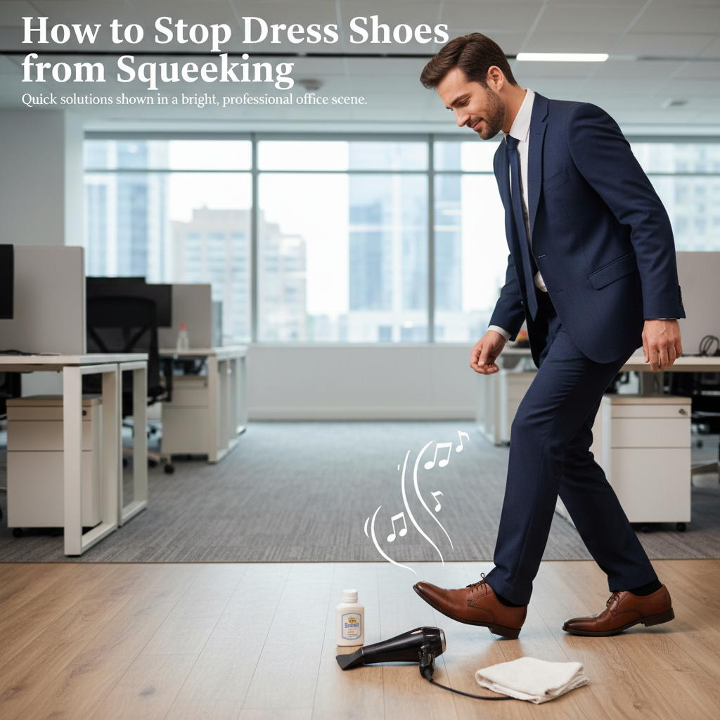 How to Stop Dress Shoes from Squeaking: Quick solutions shown in a bright, professional office scene.