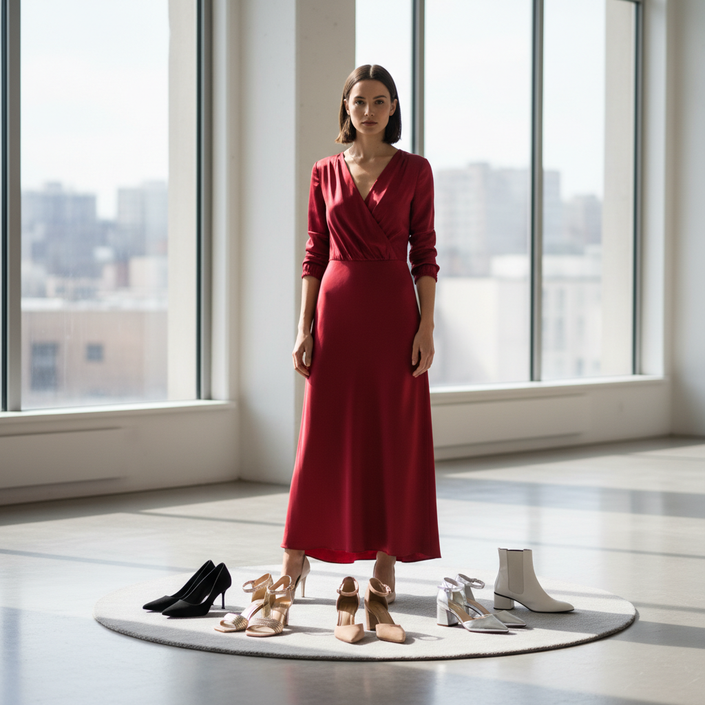 A stylish woman in a red dress stands by neatly arranged colorful shoe options in a chic modern space.