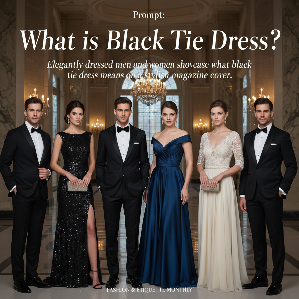 Elegantly dressed men and women showcase what black tie dress means on a stylish magazine cover.