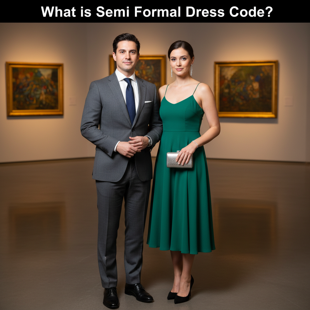 Man in a dark suit and woman in a cocktail dress illustrate semi-formal dress code in a modern setting.