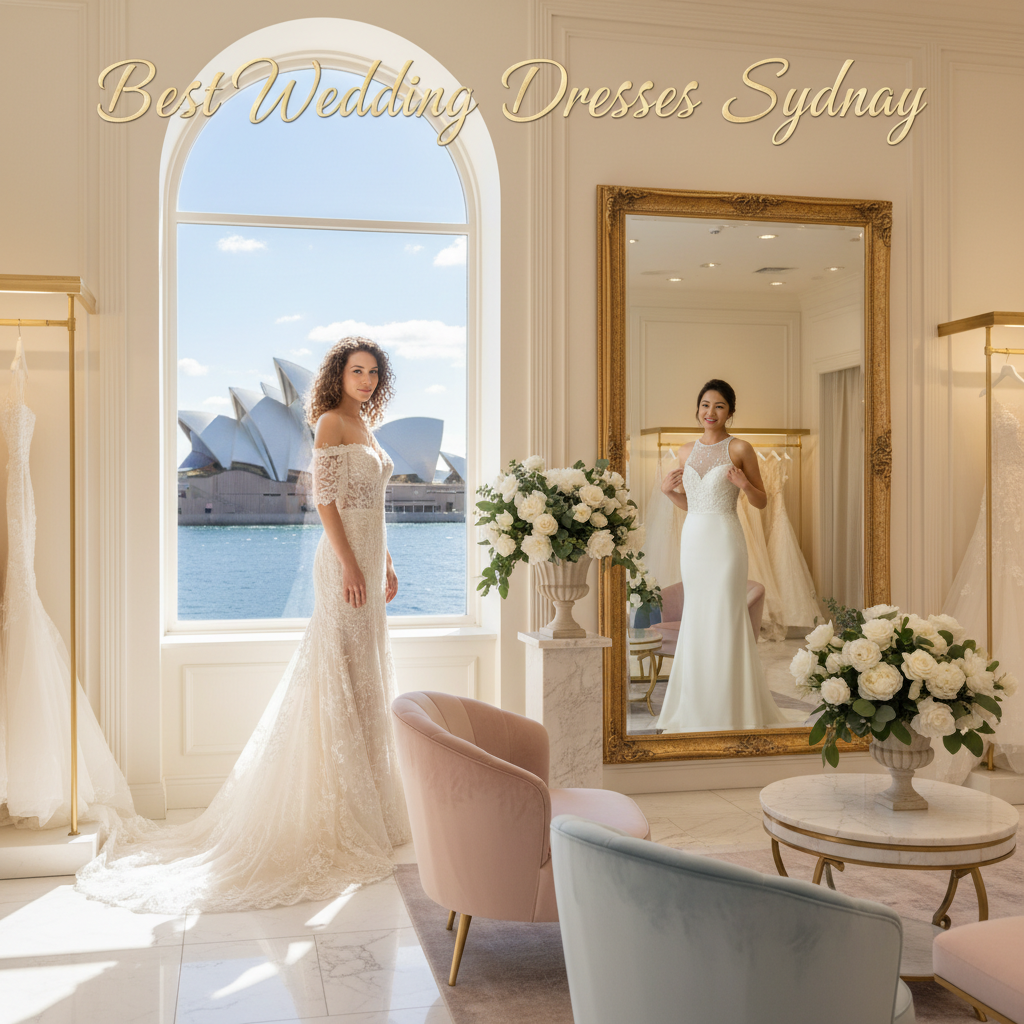 Two brides in elegant gowns at a luxe Sydney boutique with Opera House view; "Best Wedding Dresses Sydney"