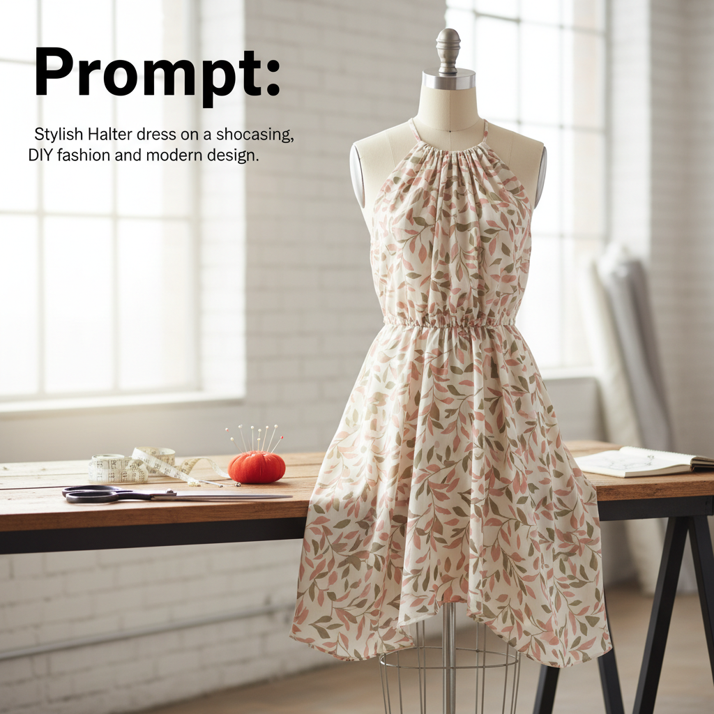 alt_text Stylish halter dress on a mannequin with sewing tools, showcasing DIY fashion and modern design.