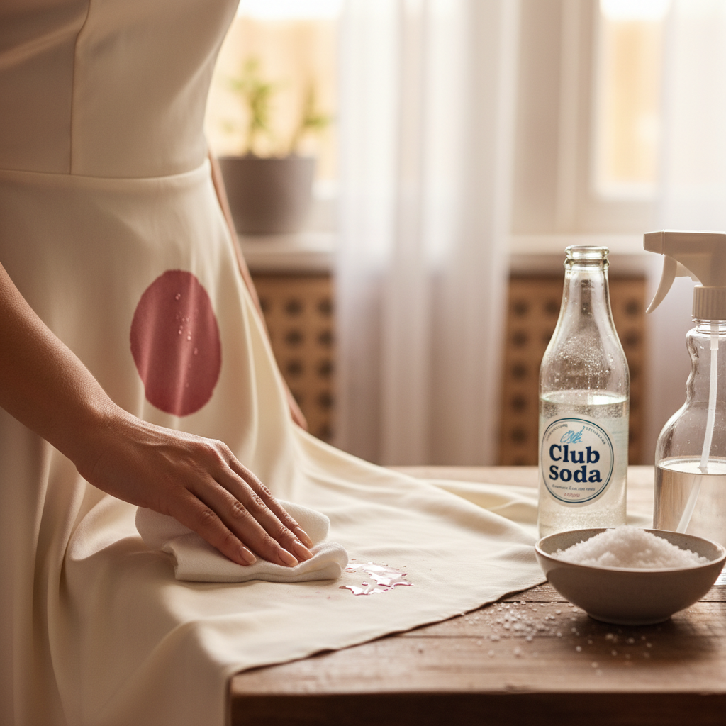 alt_text: A hand dabs red wine from a light dress with a cloth; cleaning items sit nearby in soft focus.