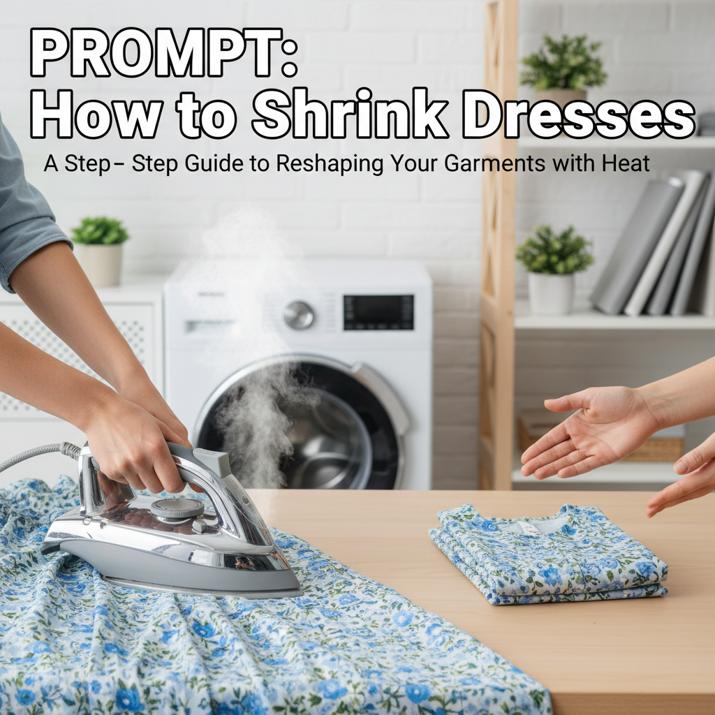 alt_text: Demonstrating step-by-step dress shrinking using heat, with before-and-after results in a bright workspace.