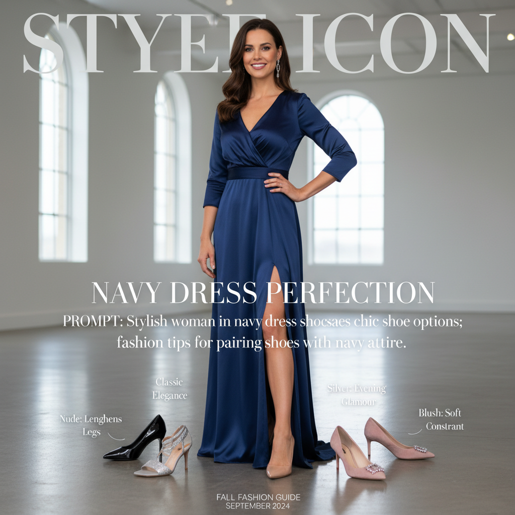 Stylish woman in navy dress showcases chic shoe options; fashion tips for pairing shoes with navy attire.