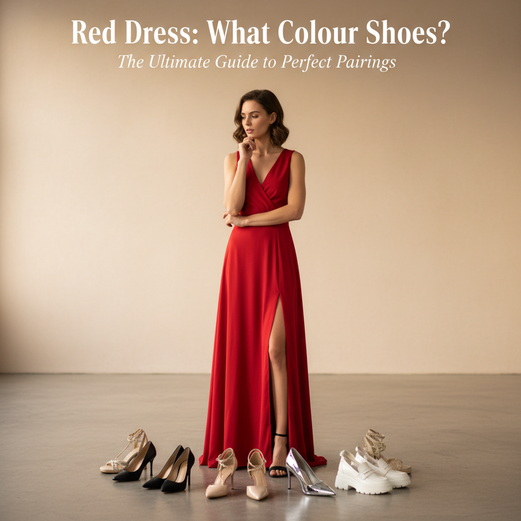 Woman in a red dress surrounded by colorful shoes, pondering which pair best matches her outfit.