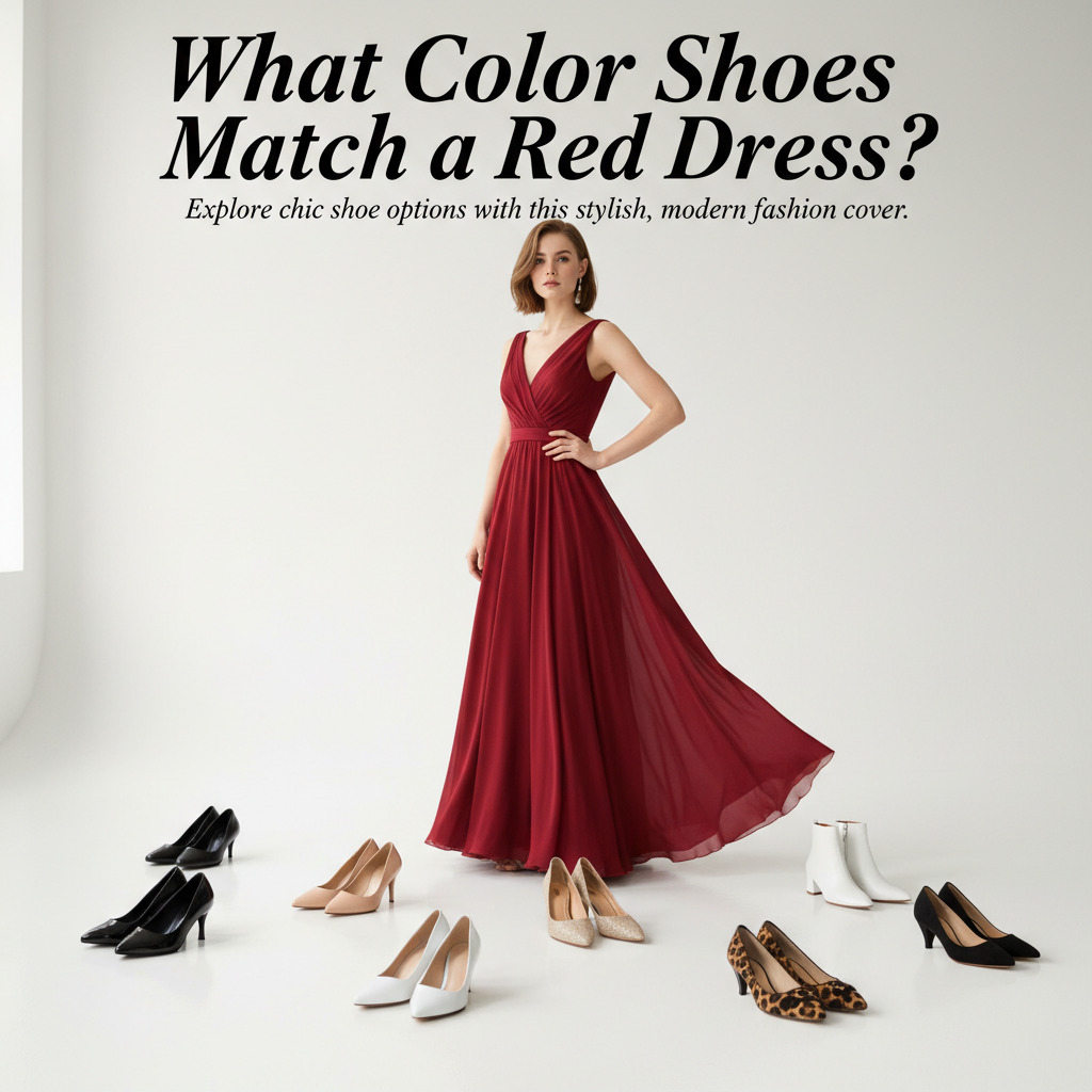 What Color Shoes Match a Red Dress? Explore chic shoe options with this stylish, modern fashion cover.
