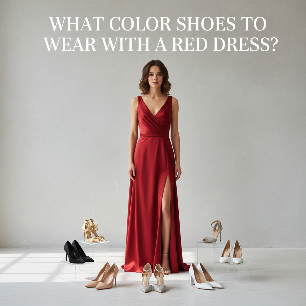 What Color Shoes to Wear with a Red Dress? Stylish woman with chic shoe options in a modern setting.