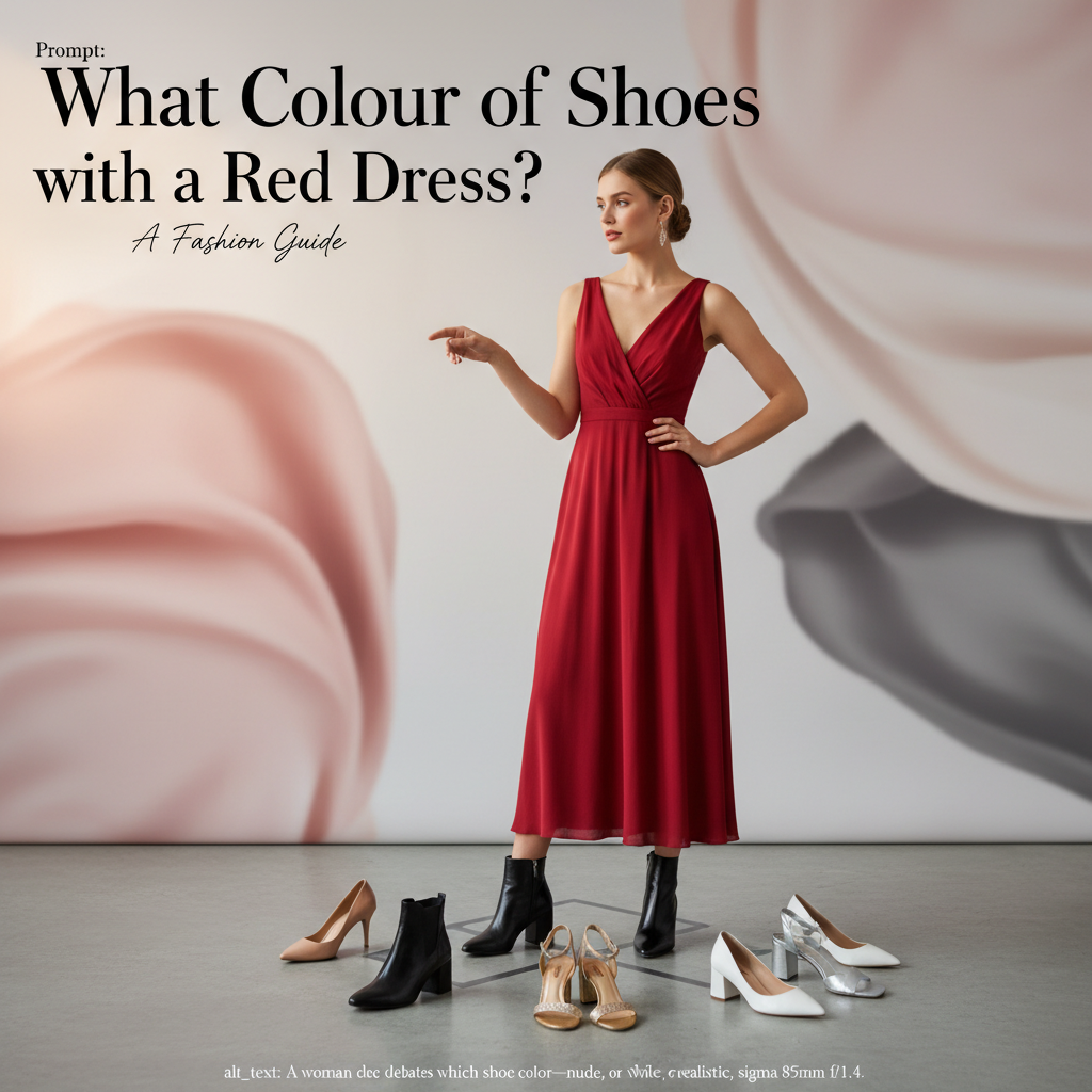 alt_text: A woman in a red dress debates which shoe color—nude, black, gold, silver, or white—to pair.